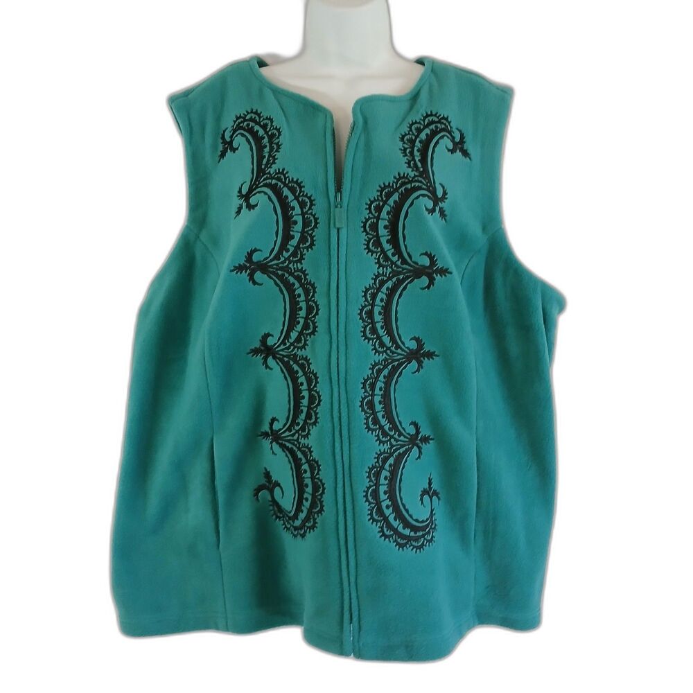 Bob Mackie Wearable Art Green Fleece Vest Full Zip Embroidery  Sz 3X  Casual